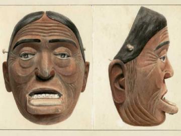Water colour painting of a Haida painted wooden mask, Pitt Rivers Museum, University of Oxford, 2014.89.1a Water colour painting showing front and side view of Haida wooden mask