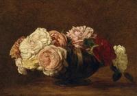 a painting of roses in a vase on a table
